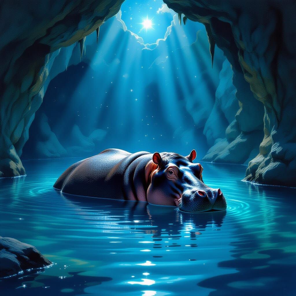 Dreamlike Hippo in Starlit Grotto, Expressionist Style