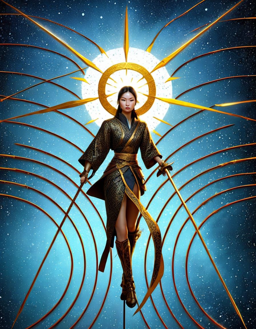 Asian Warrior Goddess in Starry Night Skies with Golden Halo