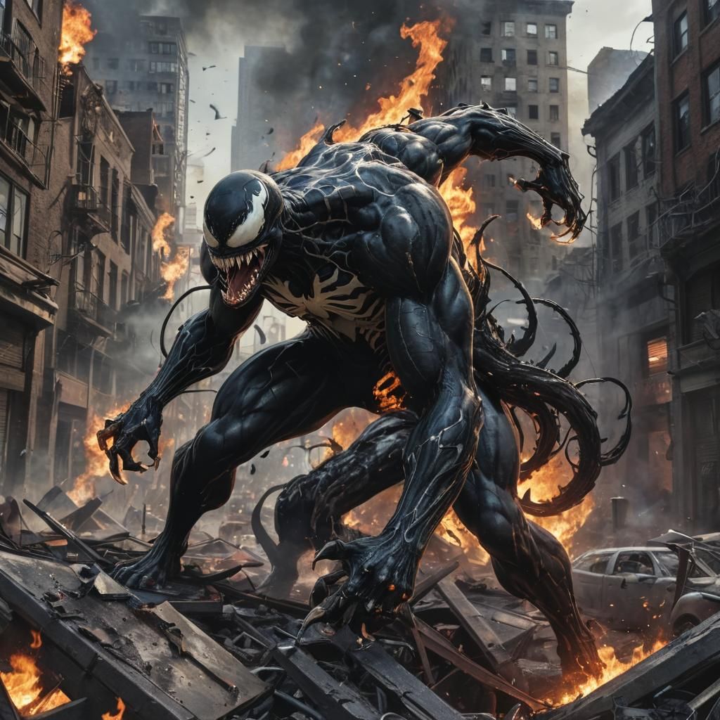 Venom Rampages Through City in Comic Book Art