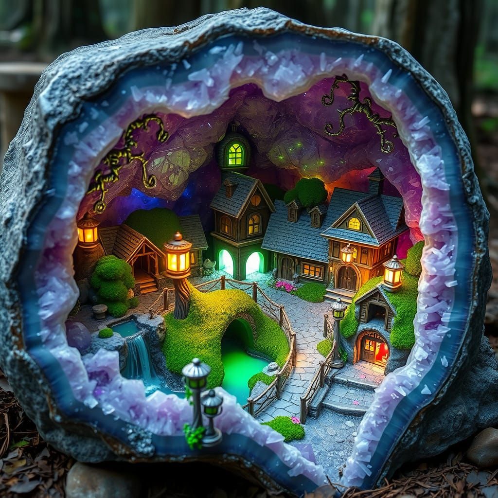 View from outside of the amethyst geode looking at a detailed miniature village. II