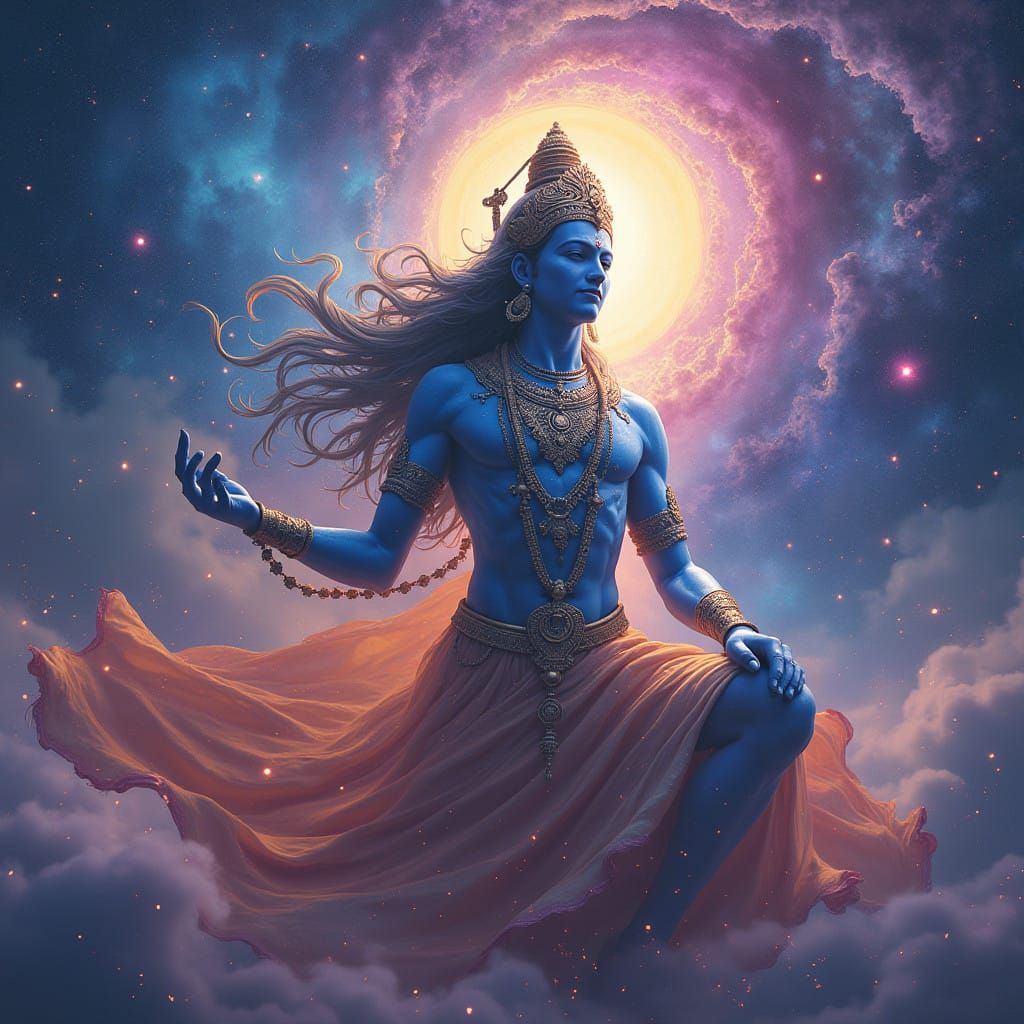 Majestic Lord Vishnu in Cosmic Nebulae, Iridescent Galaxies,...