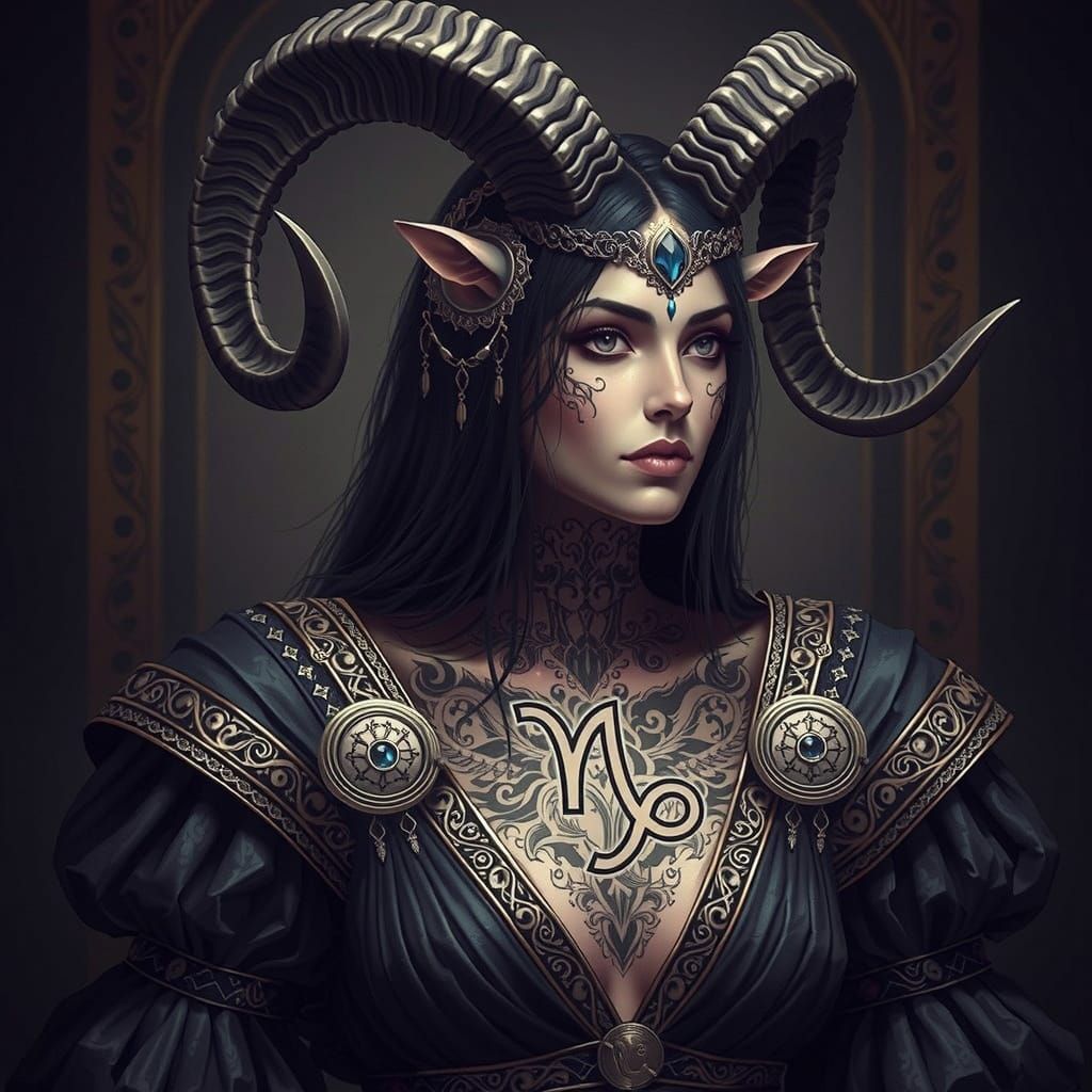 Mystical Woman with Ram Horns in Hyperrealism Style