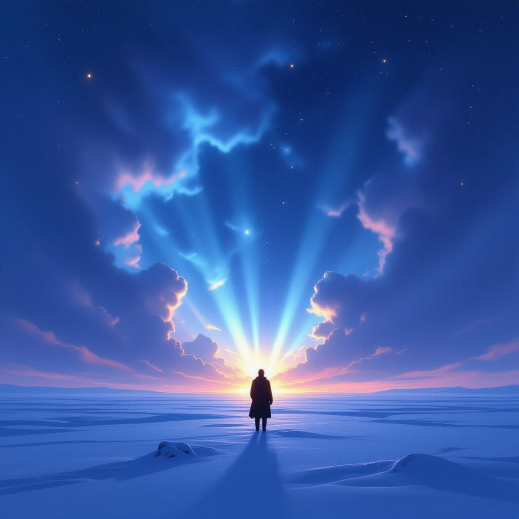 Solitary Figure Under Cosmic Nebulae Sky