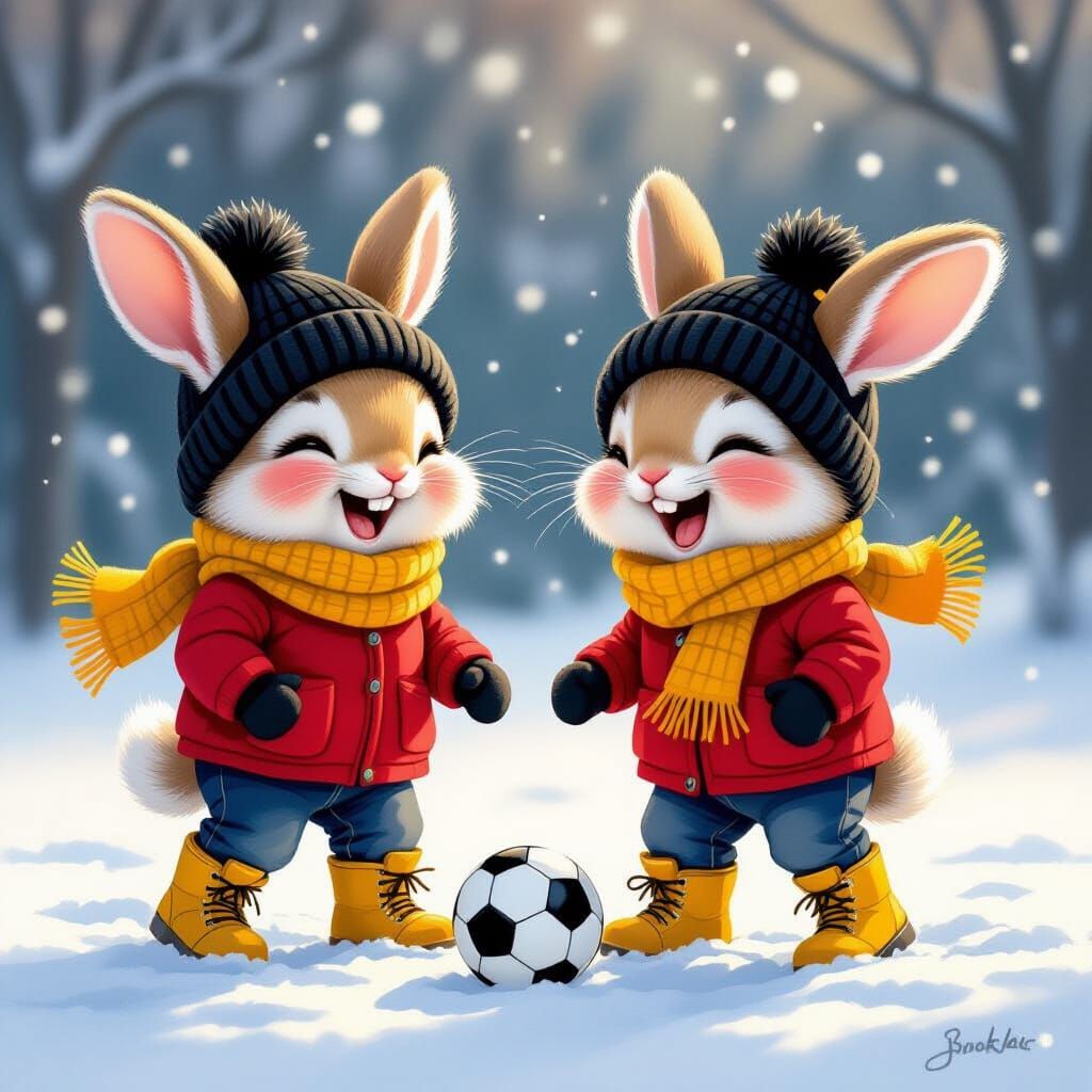 Whimsical Rabbits Play Soccer in Winter Acrylic Painting