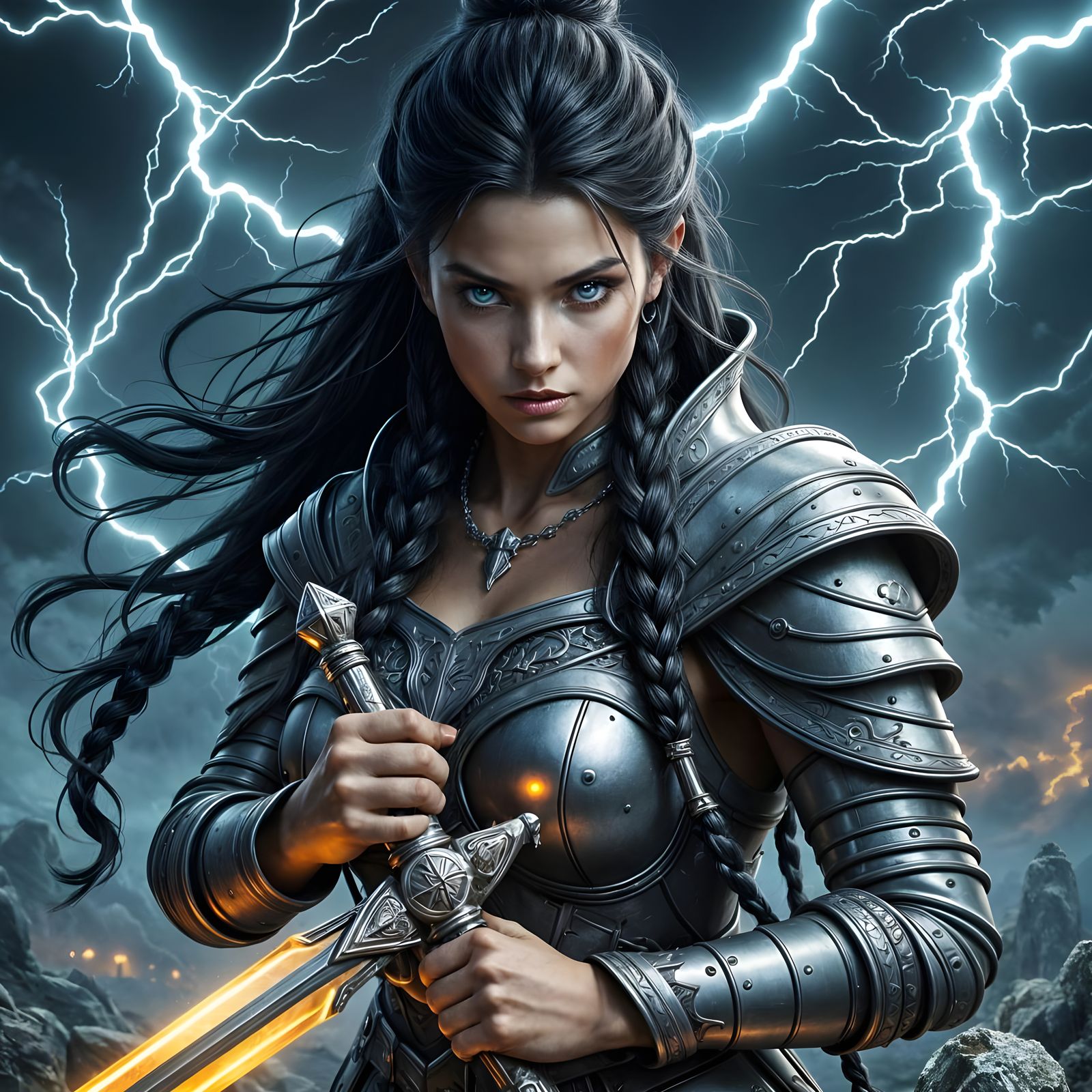 Warrior Woman Charged by Lightning in Epic Battle