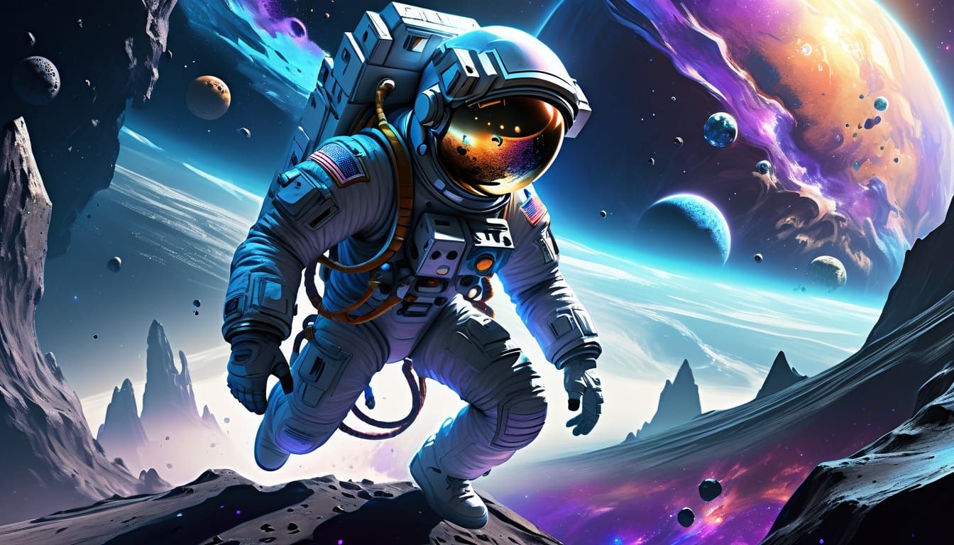 Astronaut Tethered to Crystalline Alien Structure