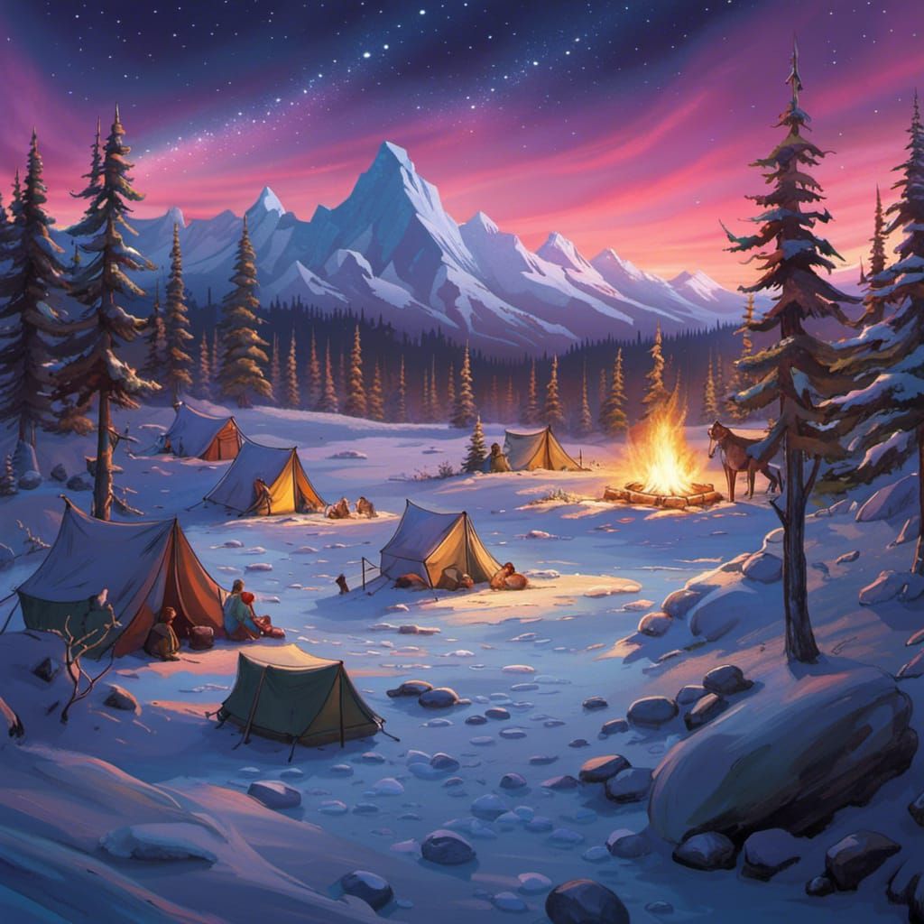 Winter Tundra Campers Under Cosmic Aurora