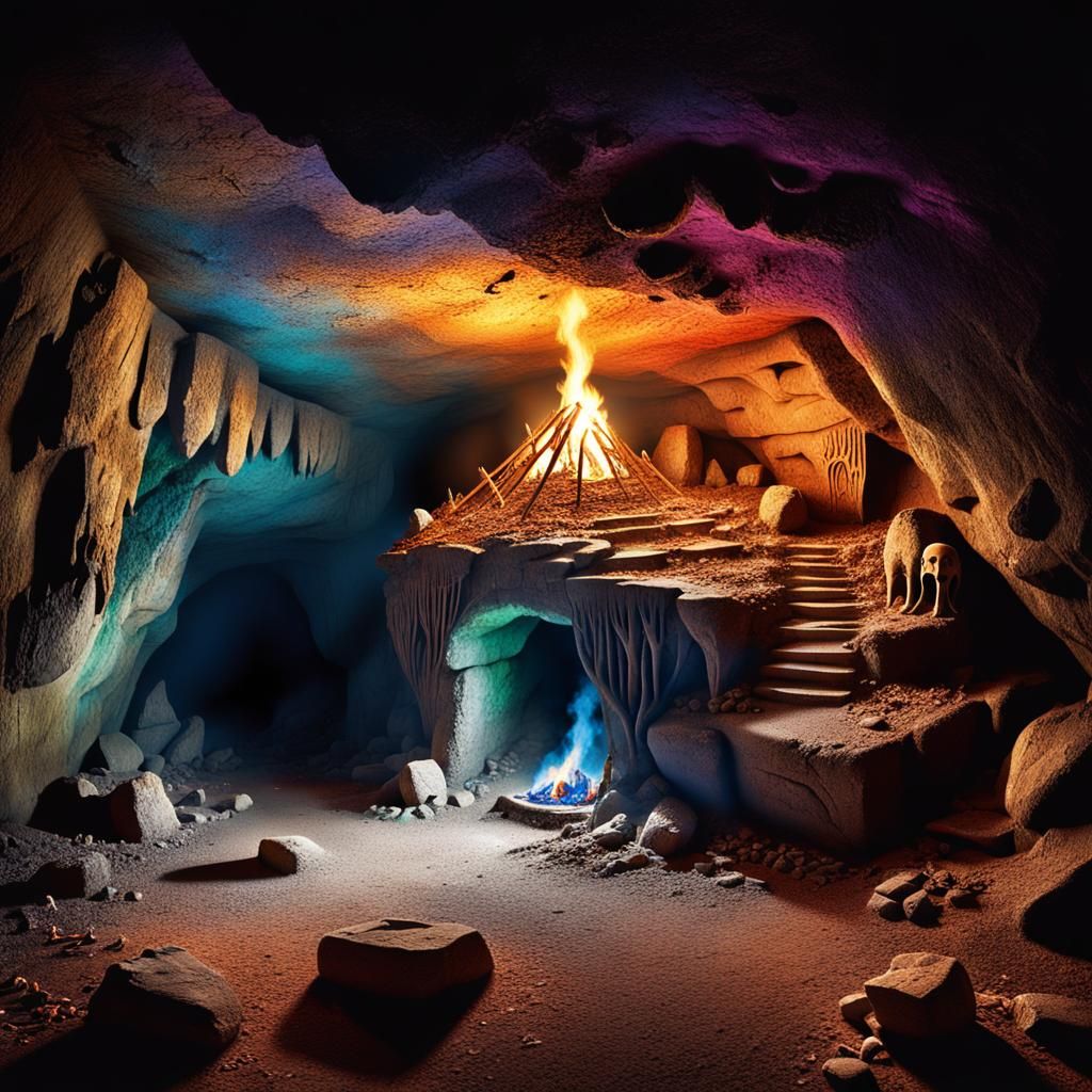 Mystical Ancient Cave with Carvings and Torch