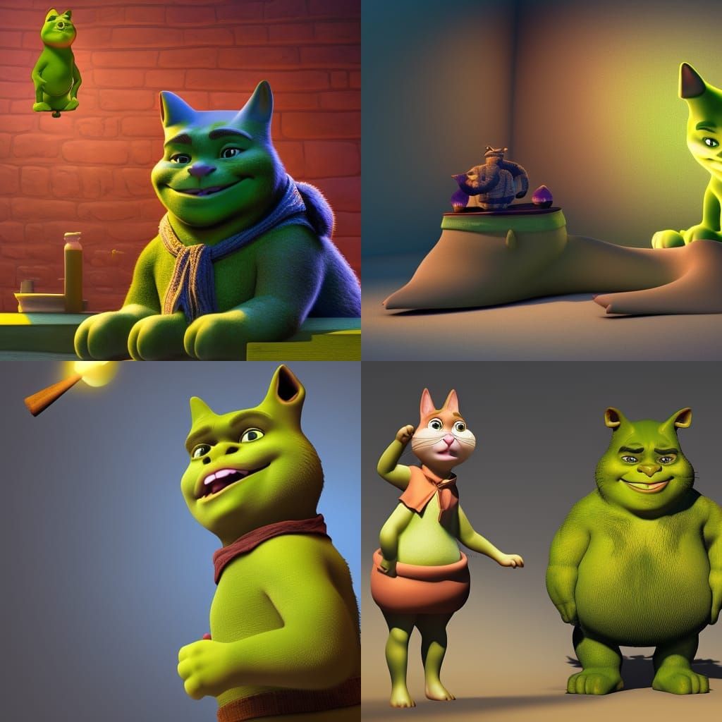 Cat in Boots and Shrek: 3D Rendered Concept Art