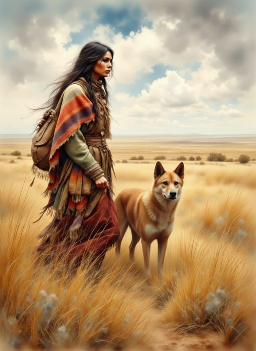 Native American Woman Crosses Plains in Antique Watercolor S...