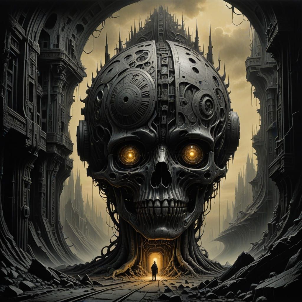 Surreal Stone Vessel in a Haunting, Dreamlike Library