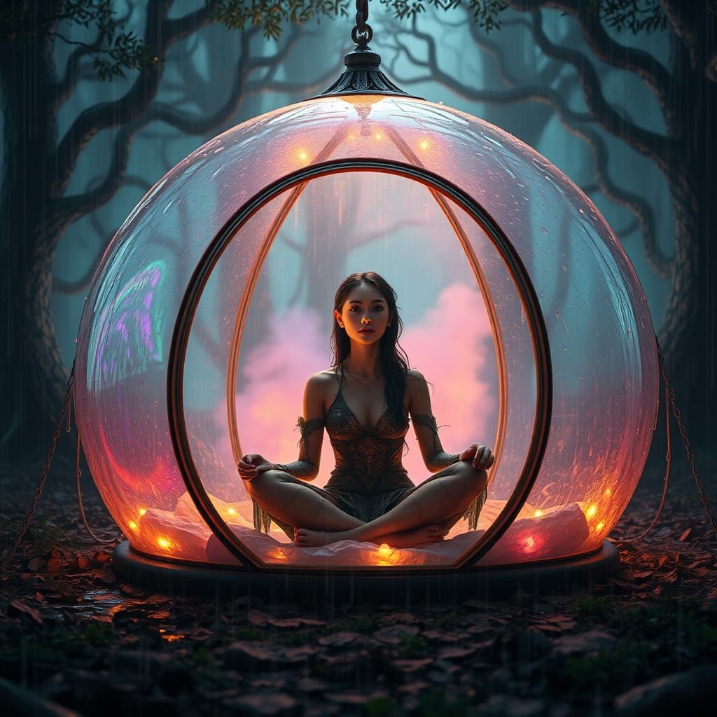 Woman in Glowing Tent in Mystical Rainy Forest