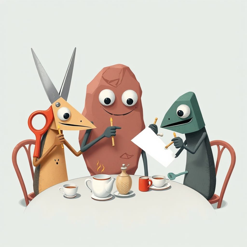 Anthropomorphic Rock, Paper, Scissors Tea Party