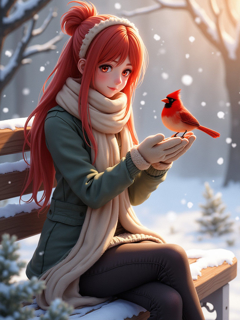 Redhead Feeds Cardinal in Winter Wonderland, Digital Art