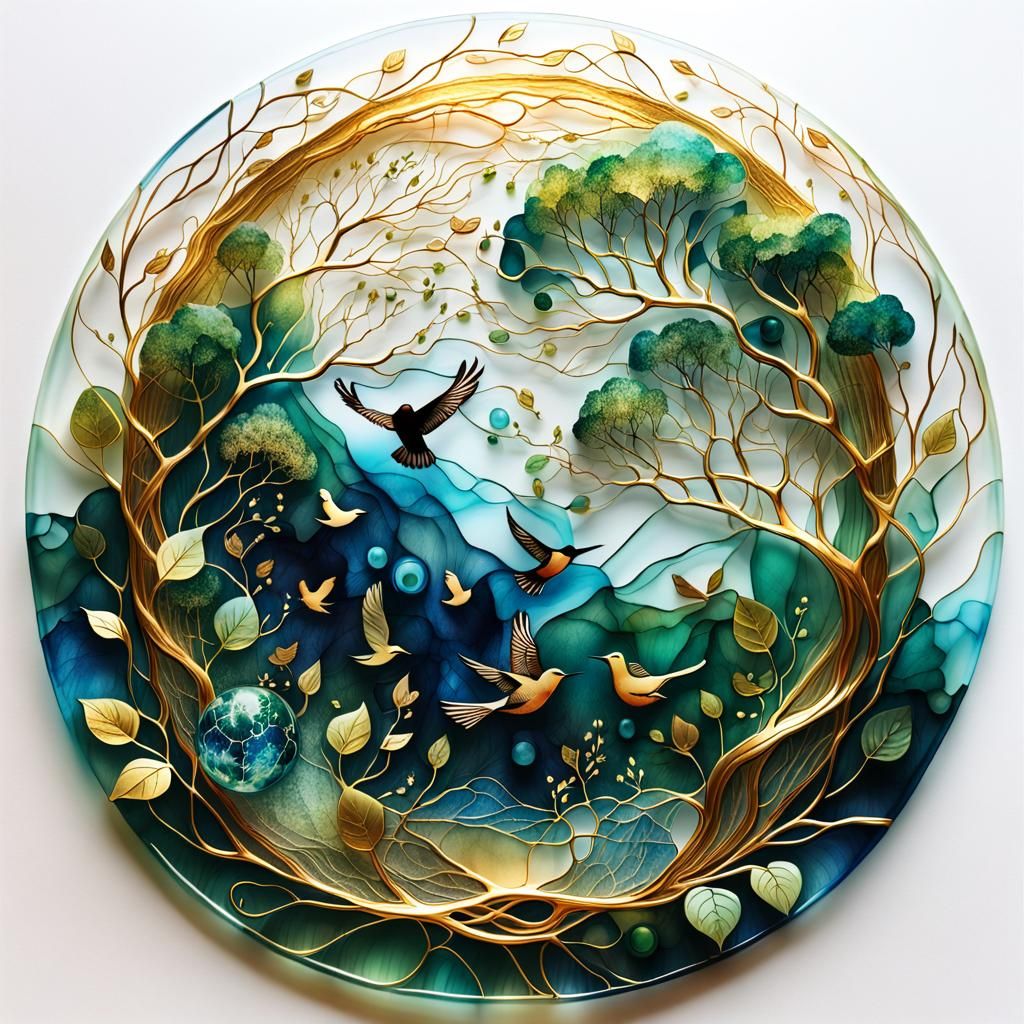 Interconnected Life Illustration in Glass with Gold Vines
