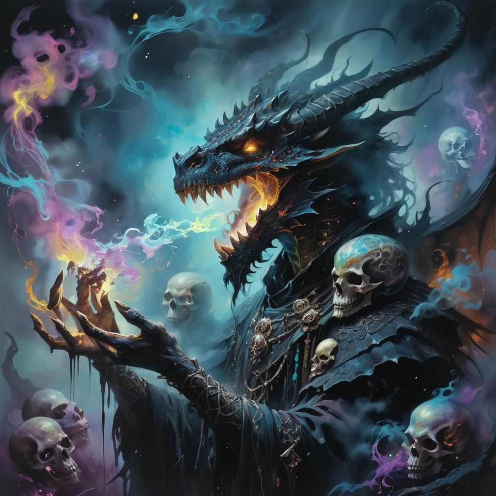 Dragonborn Necromancer Casting Iridescent Spell, Oil Paintin...