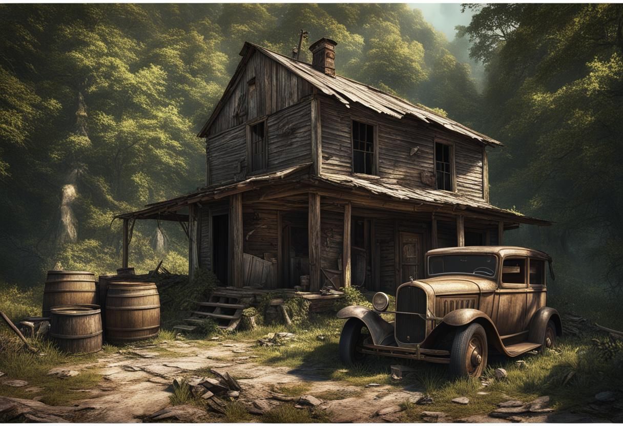 Ozark Mountain Bootlegger Still: Detailed Matte Painting