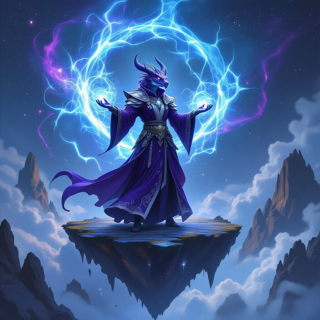 Dragonborn Mage on Floating Island in Dark Fantasy Style