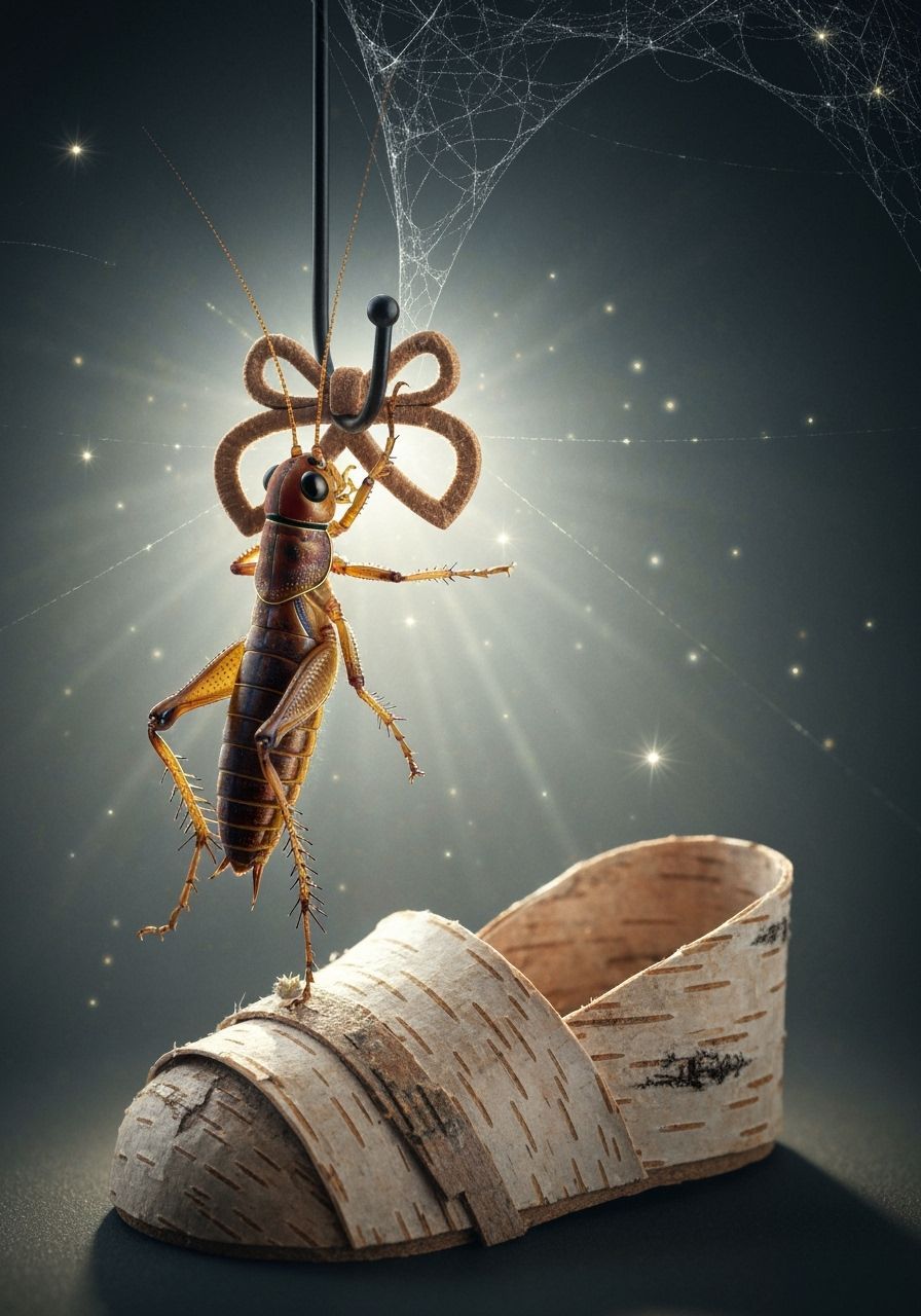 Cricket Hangs Birch Bark Shoe and Wooden Bow in Detailed Mac...