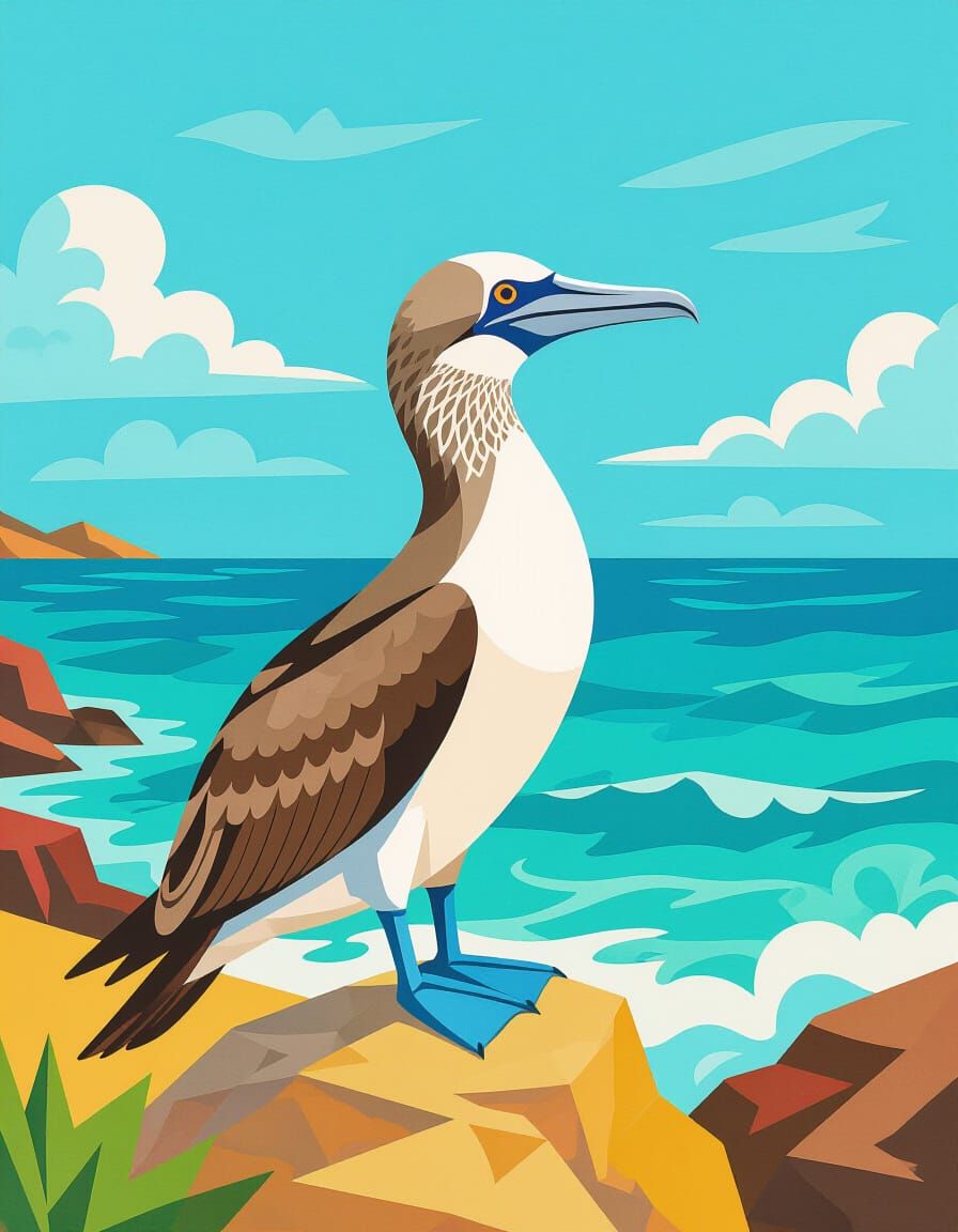 Blue-Footed Booby on Coastline in Mid-Century Modern Style