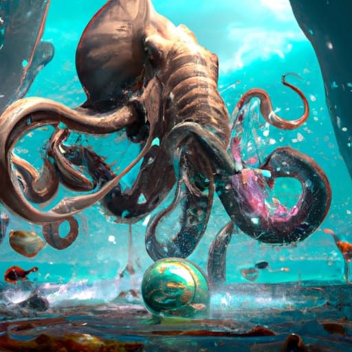 Cthulhu Mythos: Elephant-Octopus Battle in Dark Fantasy Styl...