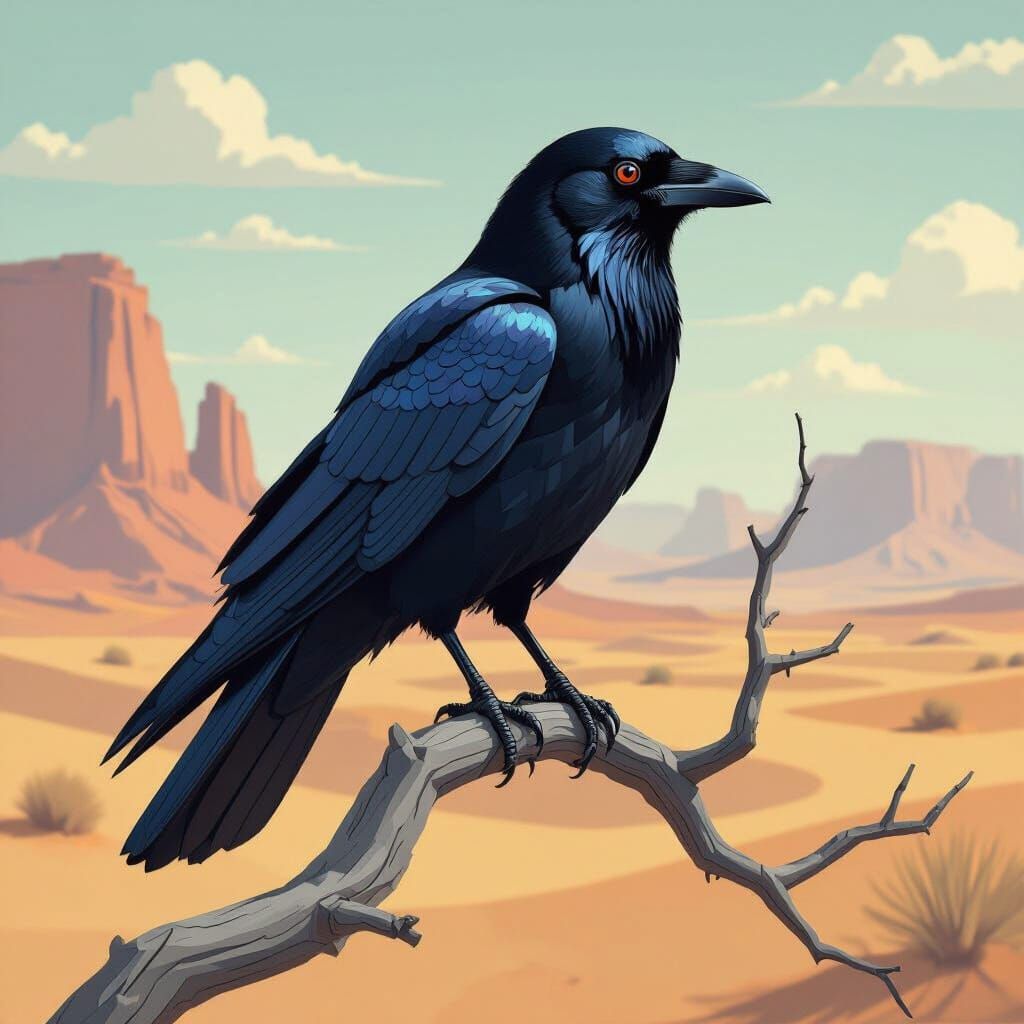 Crow on Branch in Neo-Cubist Desert Landscape