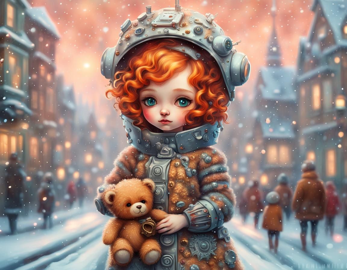 Festive Robot Girl in Rococo Cyberpunk City