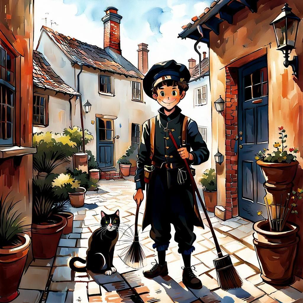 Chimney Sweep Boy with Cat in Courtyard