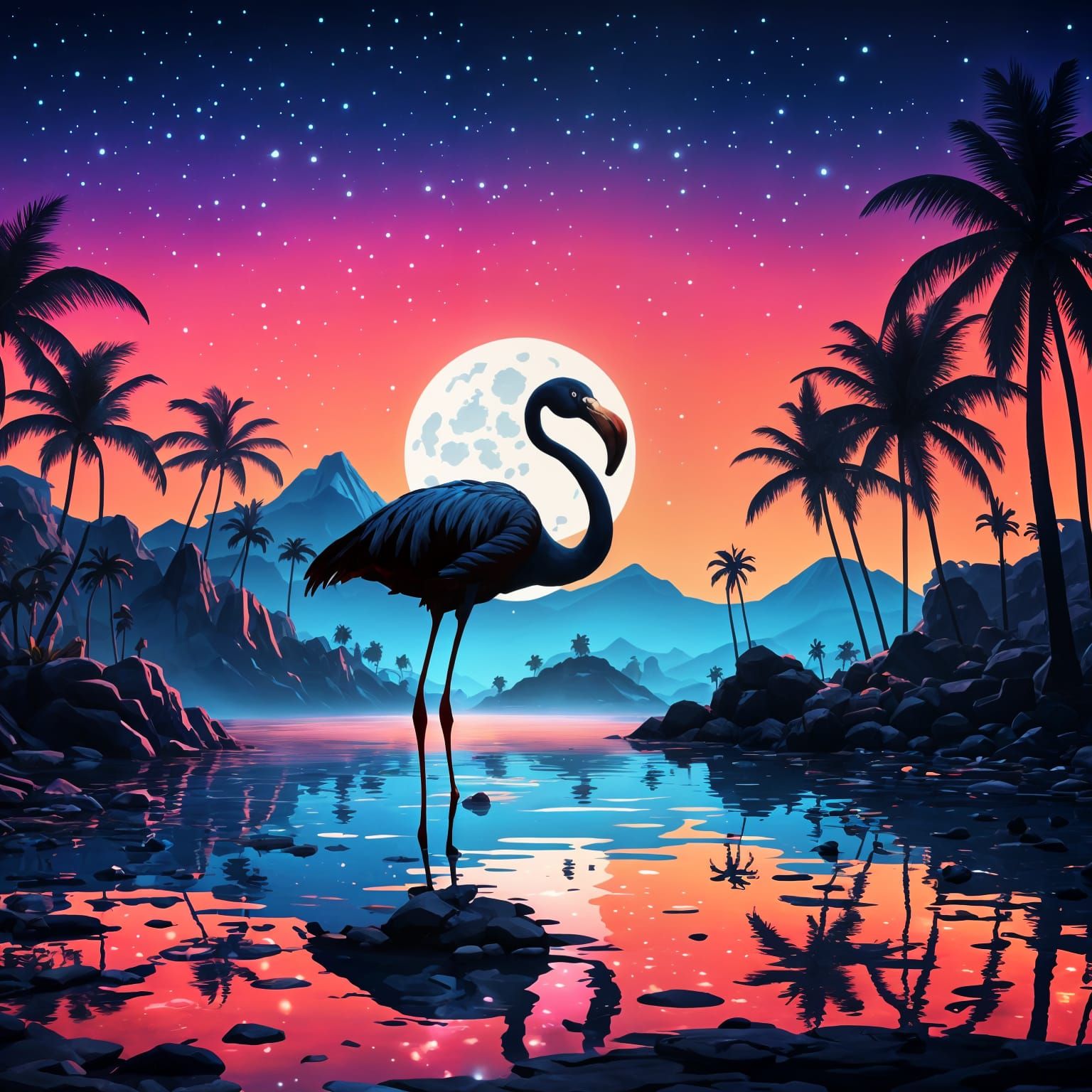 Neon Sunset Flamingo in Ukiyo-e Silhouette