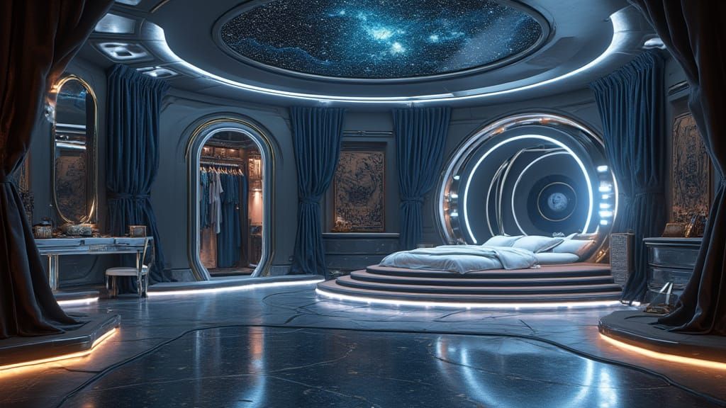 Egyptian Royal Spacecraft Stateroom in Futuristic Luxe
