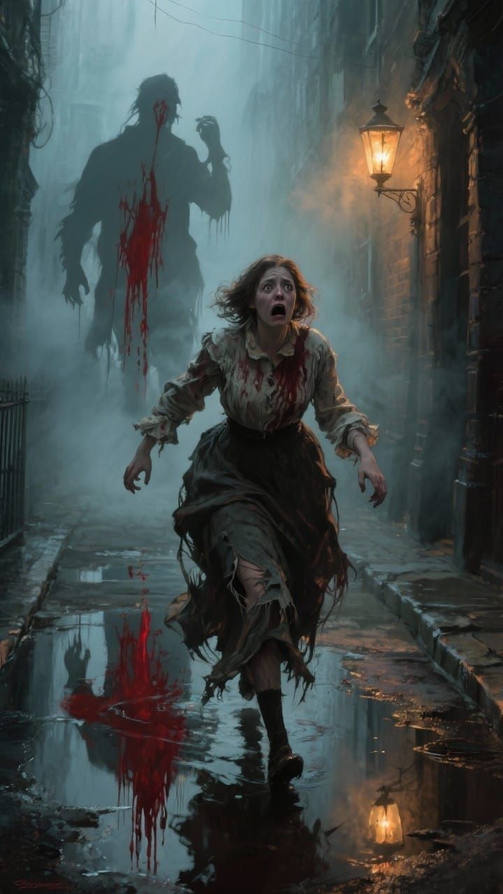 Terrified Victorian Woman in Foggy Alley with Ripper Shadow