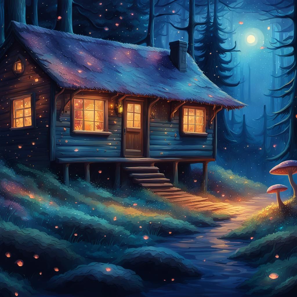 Cabin and Deer in Mystical Forest Painting