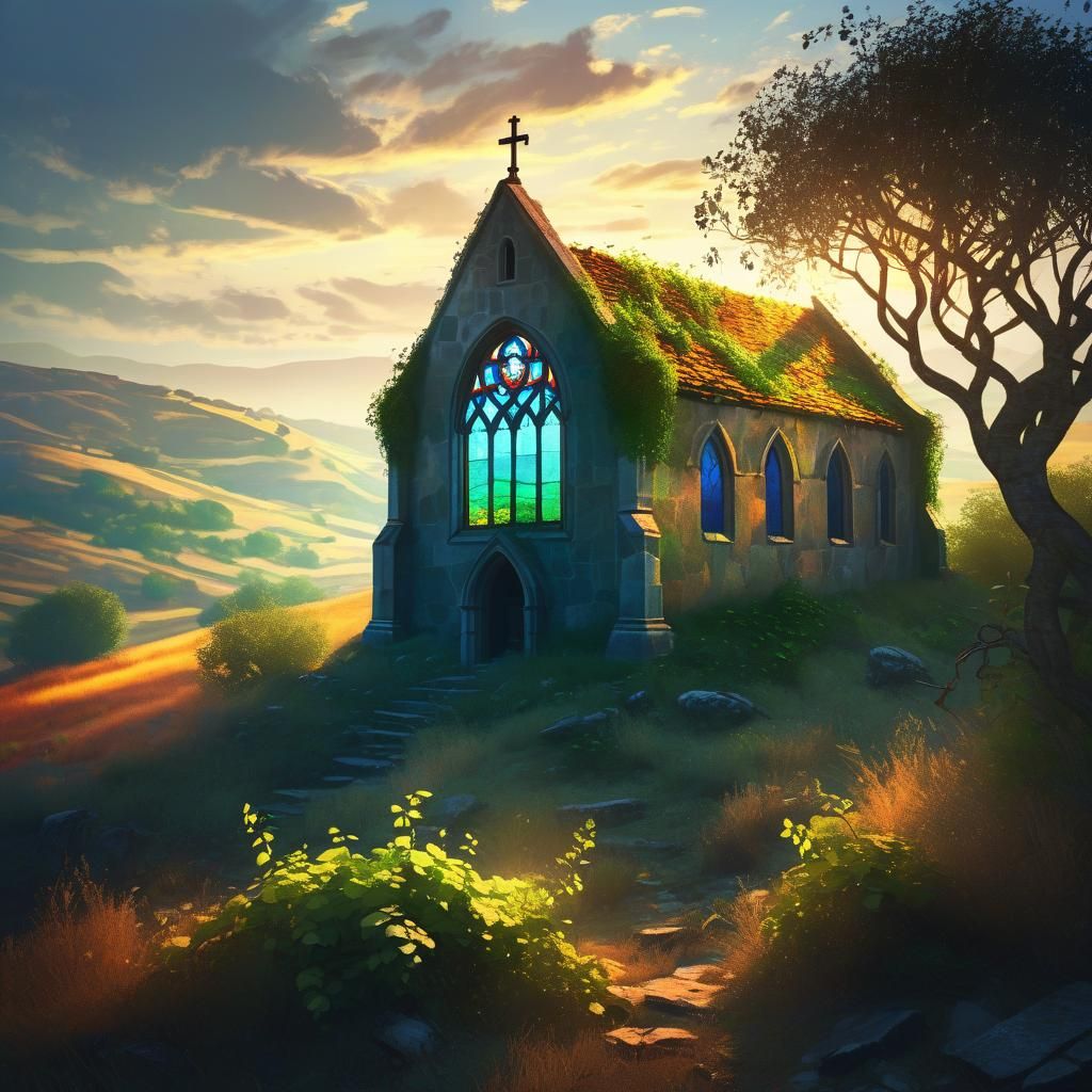 Mysterious Chapel on Hill in Moody Oil Painting