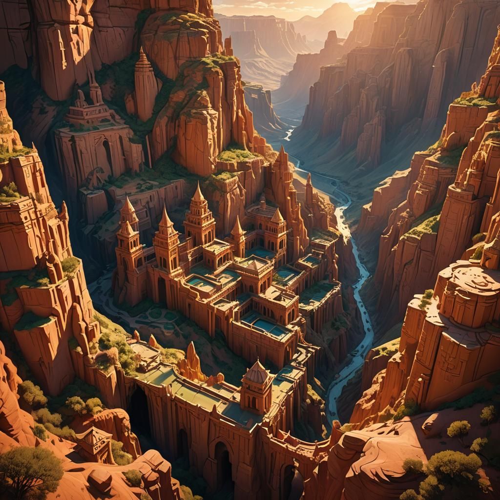 Fantasy Canyon Kingdom at Sunset: Digital Matte Painting