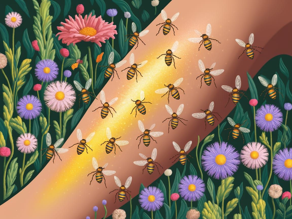Glowing Skin in a Serene Garden of Wildflowers and Honeybees