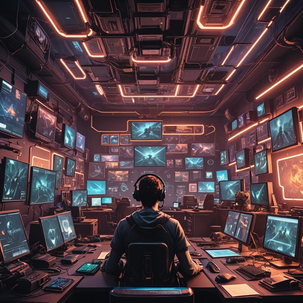Fantasy Gamer's Immersive Sci-Fi Setup in Neon Light