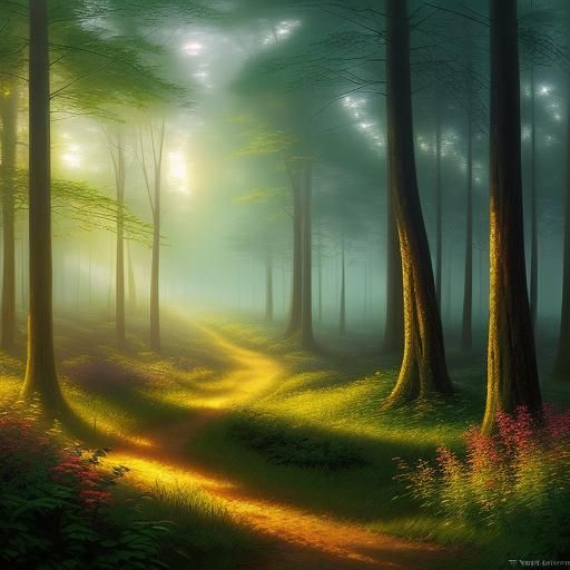 Ethereal Sunshine Through Forest Mist