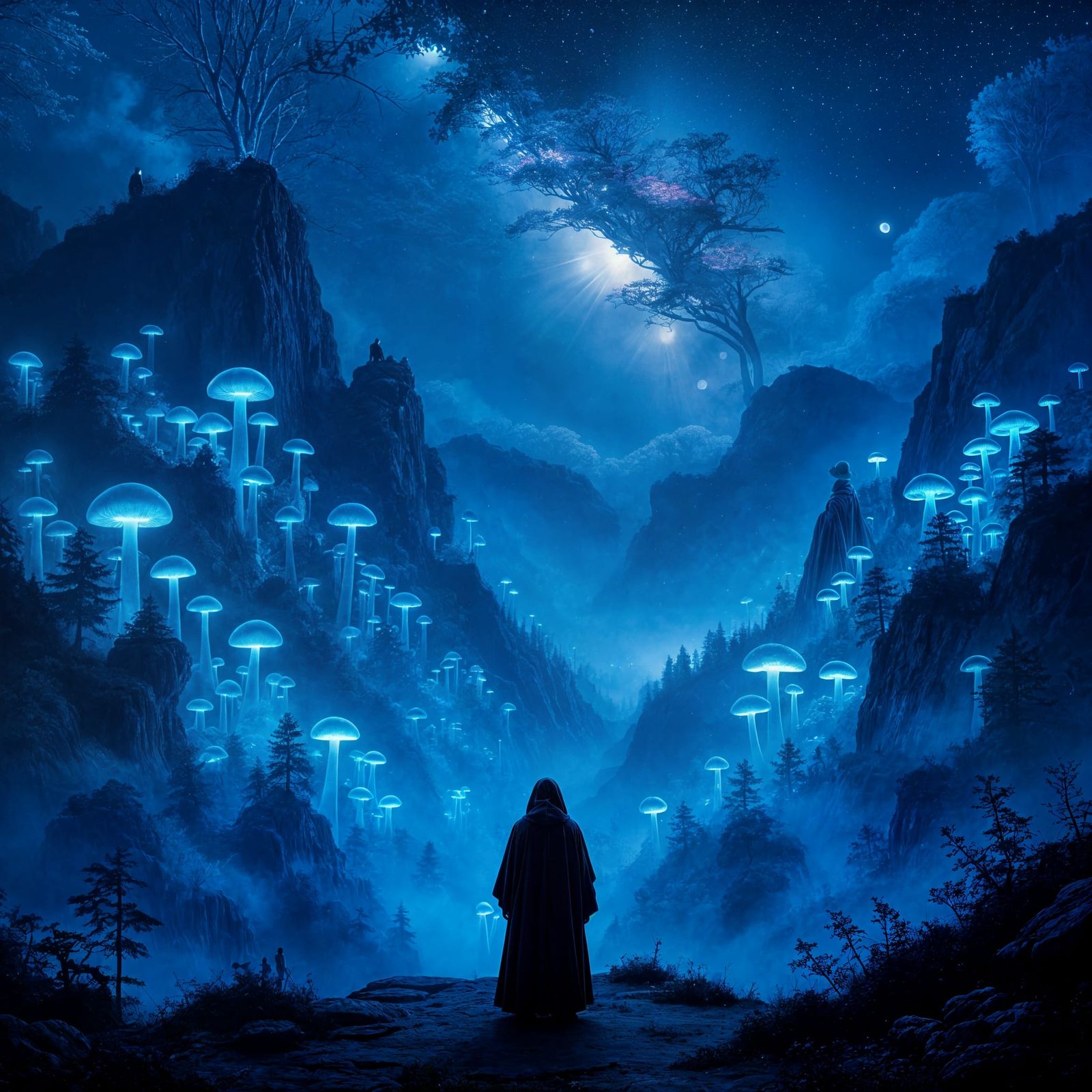 Figure Gazes at Bioluminescent Forest Under Starry Sky