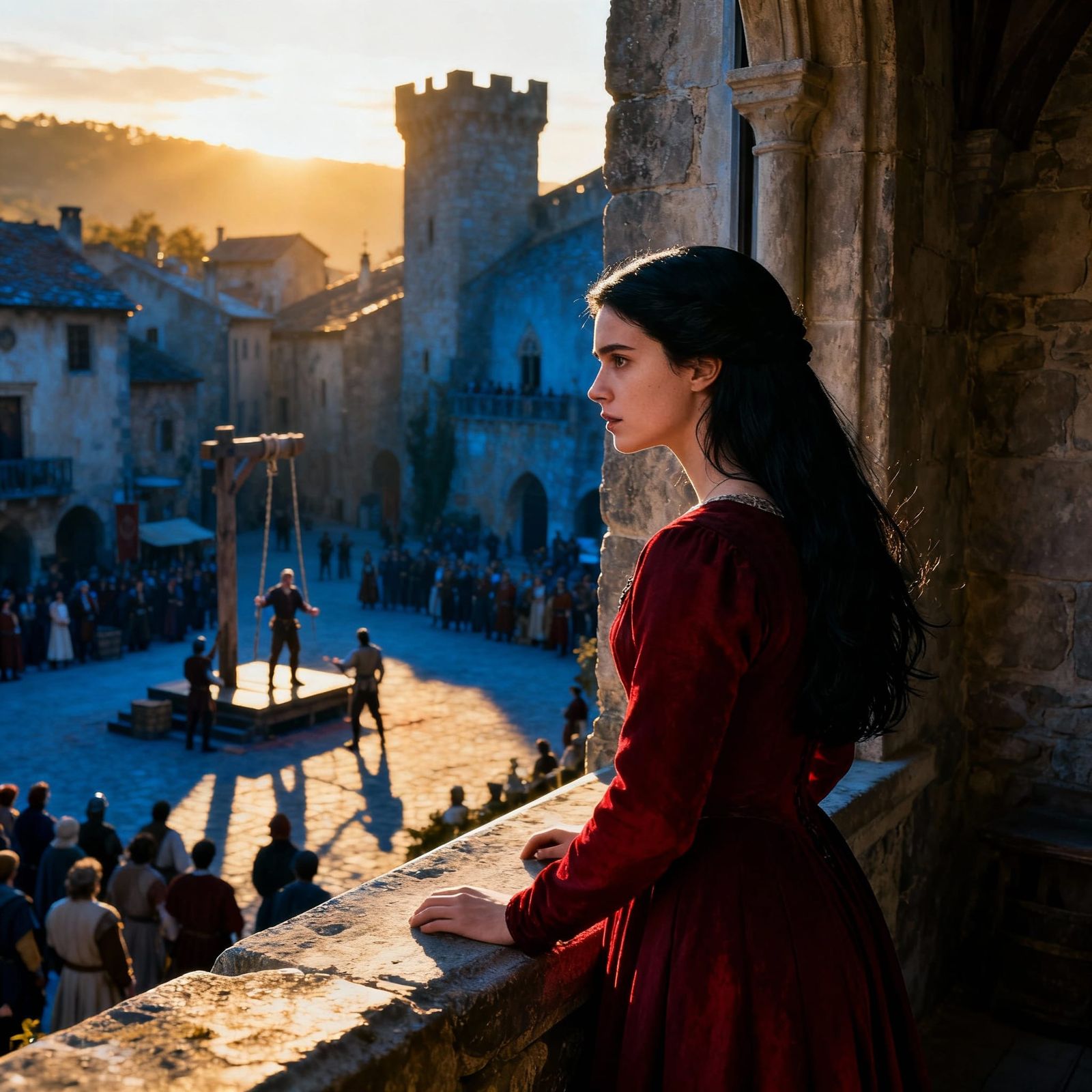 Medieval Execution Scene Watched by Woman in Red Dress
