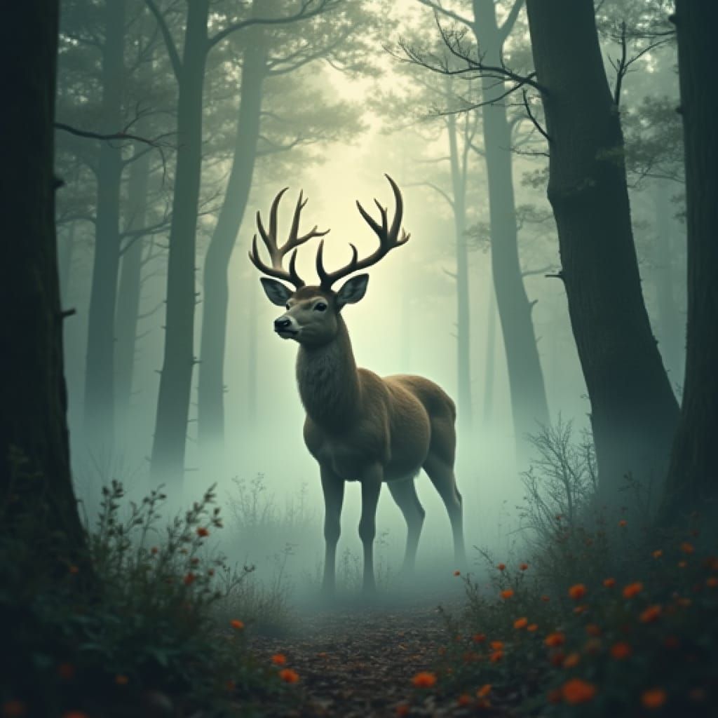 Ethereal Deer in Foggy Forest, Dreamlike Magic
