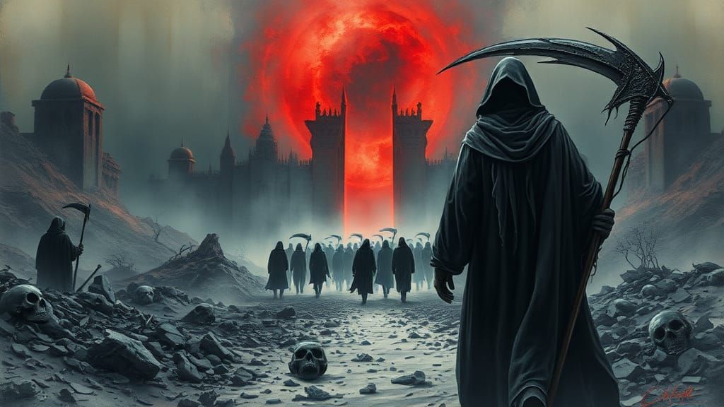 Grim Reaper Guides Souls in Dystopian Afterlife