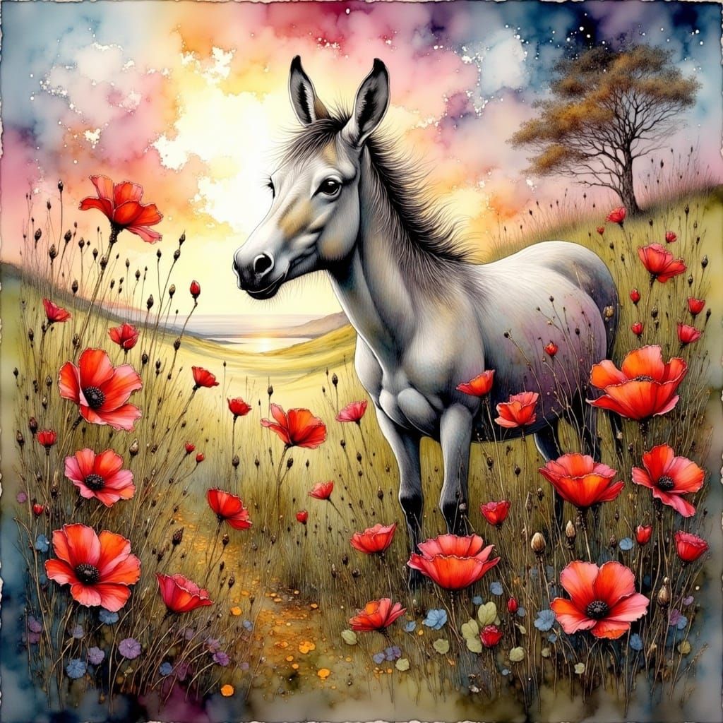 Donkey in Whimsical Bohemian Landscape with Wildflowers