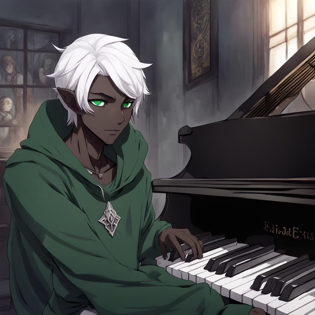 Anime Style Drow Elf at Piano