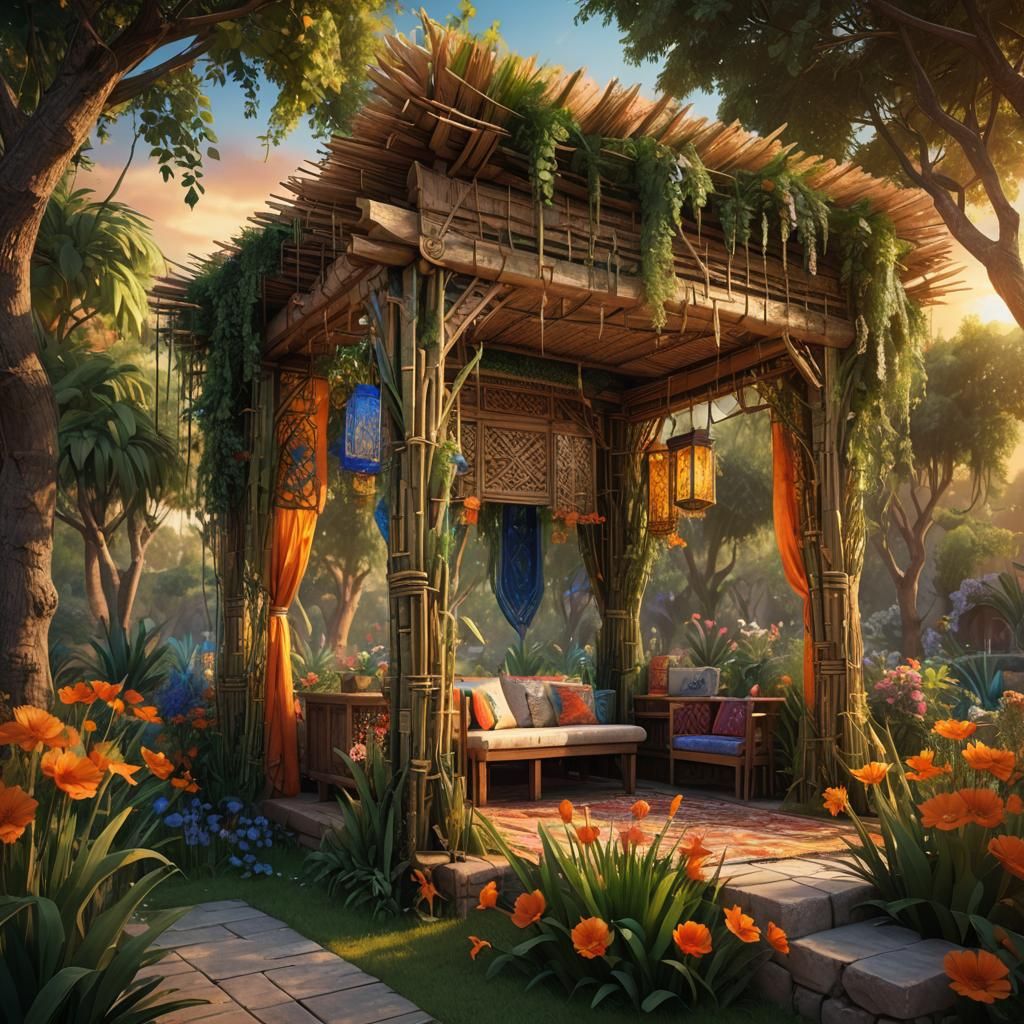 Fantastical Sukkah Adorned with Greenery at Sunset
