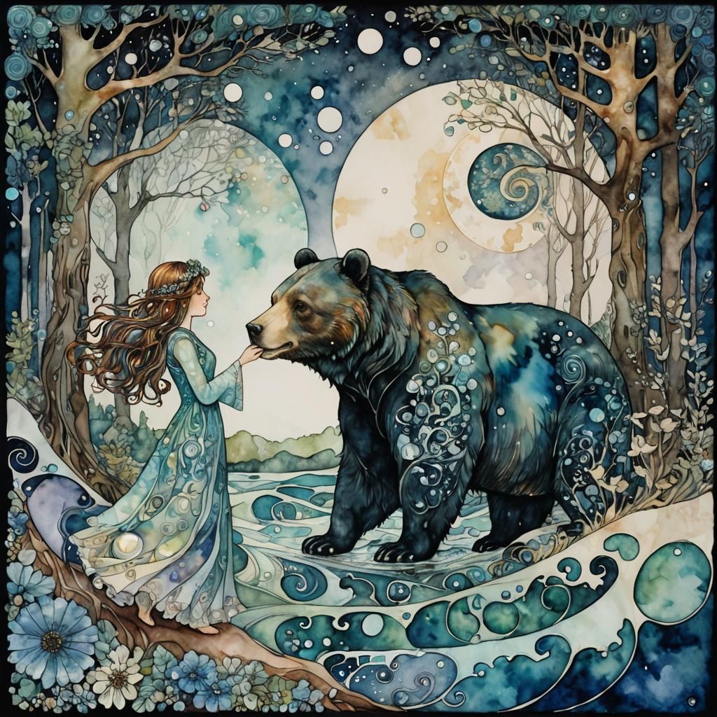 Fairytale Encounter: Girl and Bear in Art Nouveau Style