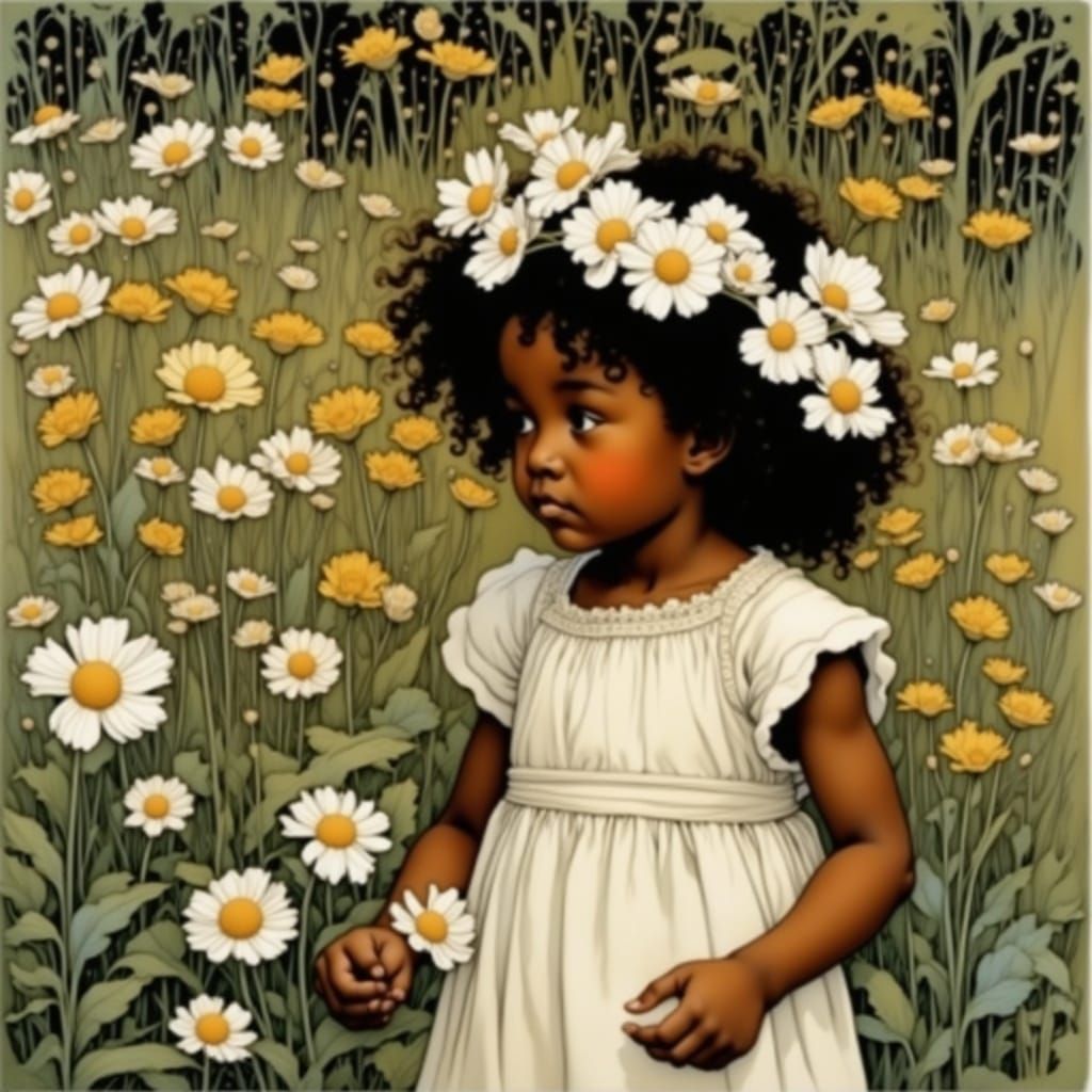 Girl in Whimsical Garden Scene with Wildflowers and Ancient ...