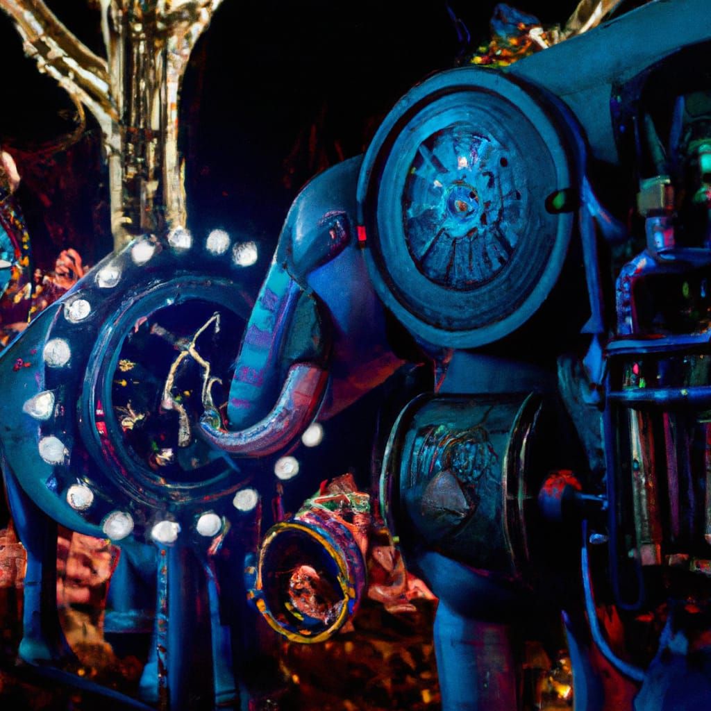 Blue Christmas Scene with Elephants and Steampunk Engine