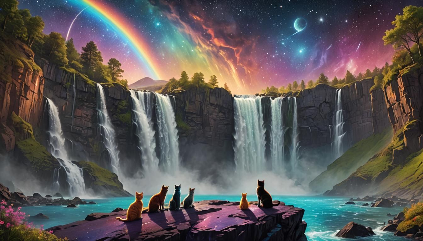 Exoplanet Waterfall Watched by Cats in Cosmic Illustration