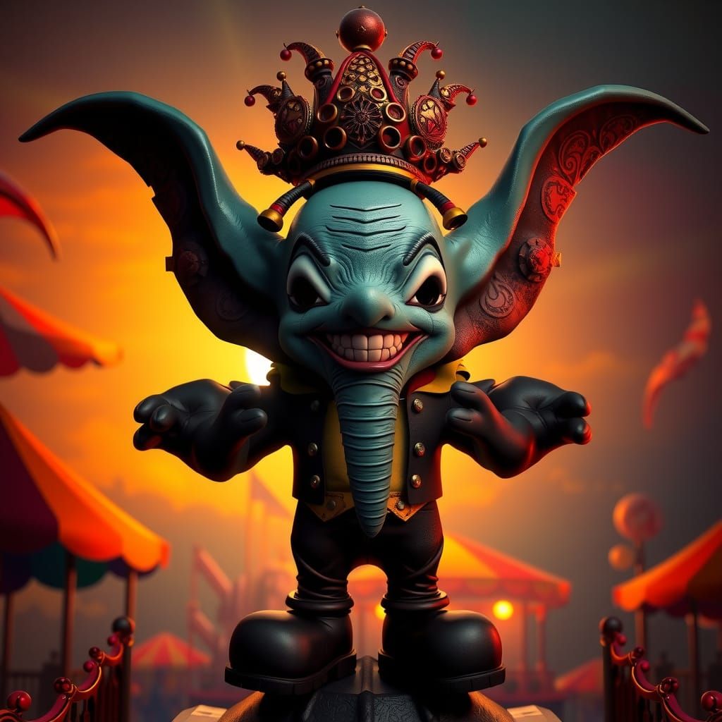 Evil Clown Dumbo in Vibrant Carnival Setting