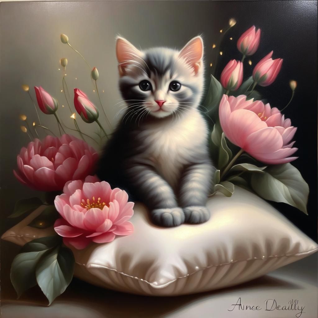 Cat Surrounded by Flowers, Expressive Painting